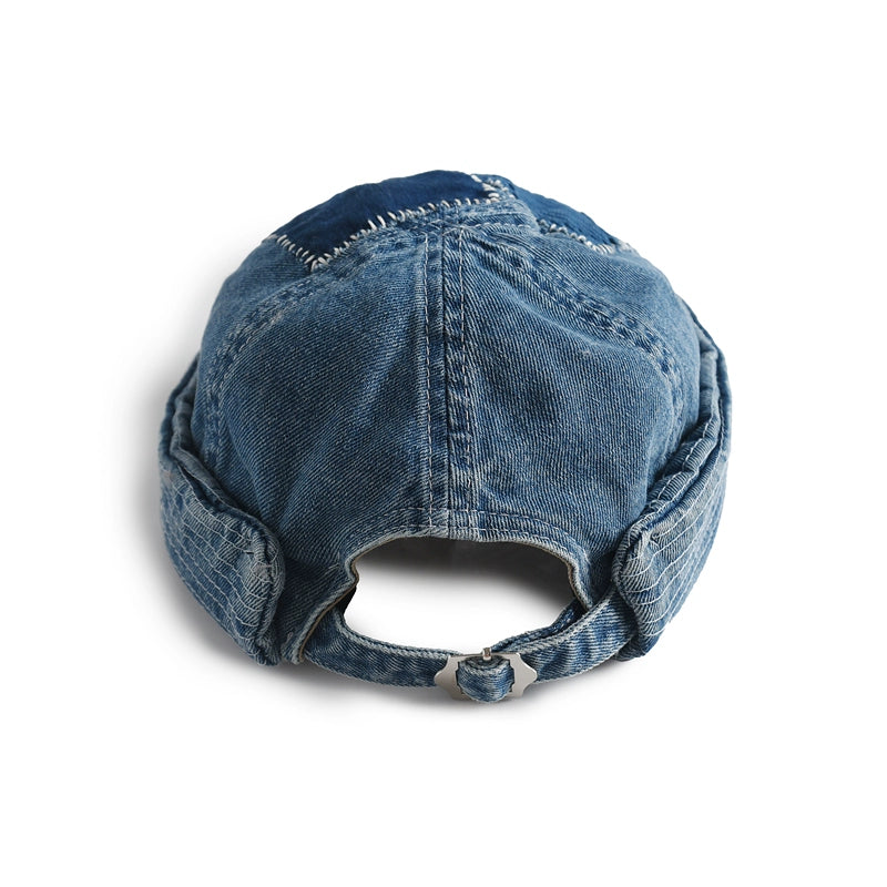 Original design blue dyed ancient cloth stitching denim melon skin hat Japanese retro washed all-match handmade landlord hat for men and women