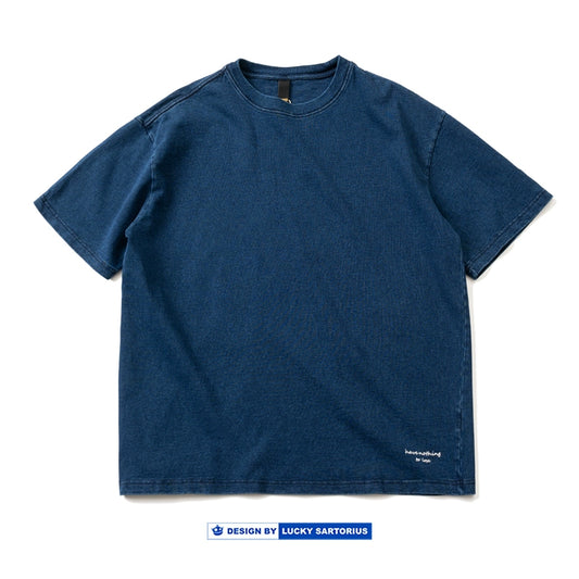 Japanese vintage indigo high gram weight washed round neck pullover loose fit short sleeve t-shirt men's and women's english printed tee