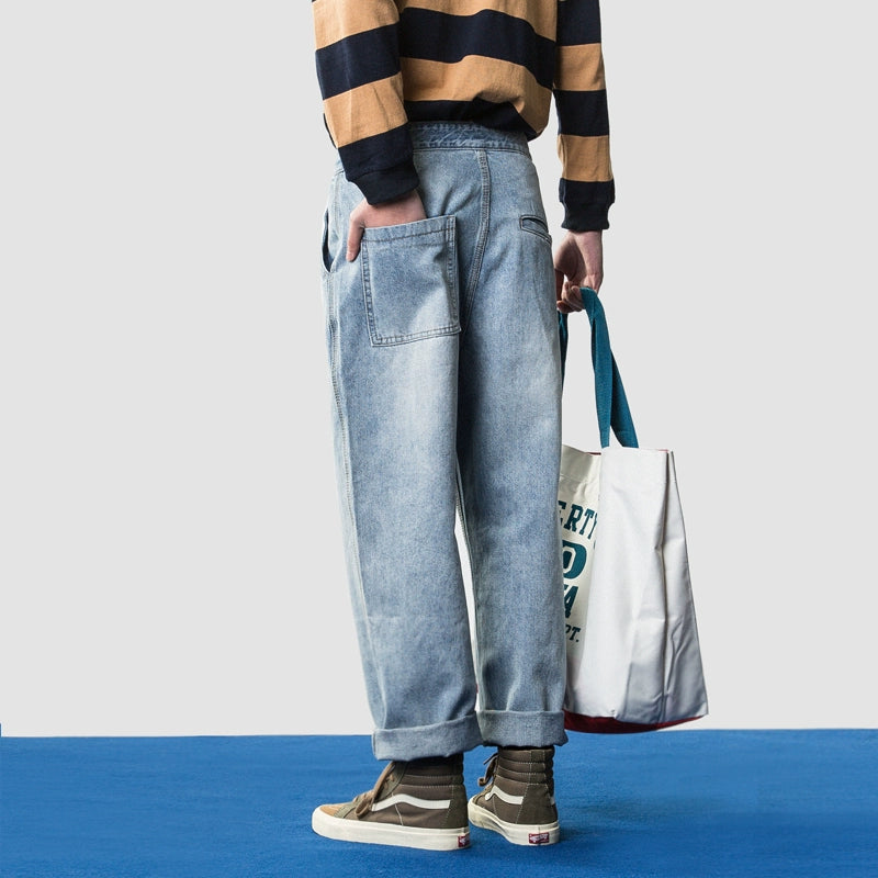 spring new men's clothing light-colored washed old men's tooling style wide-leg straight American jeans men's pants