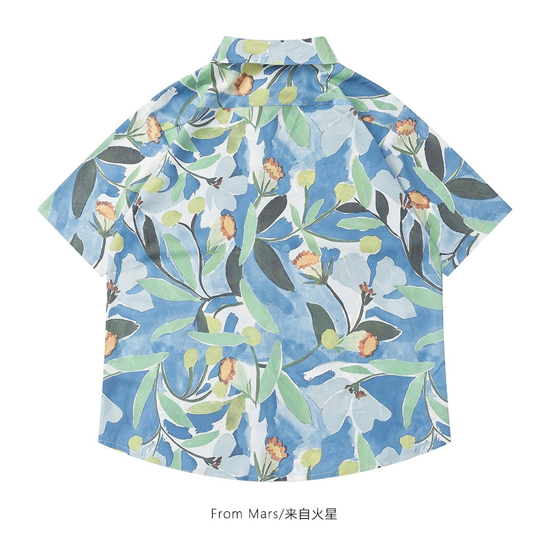 Japanese retro floral full-print short-sleeved shirt tide oversize lovers cardigan