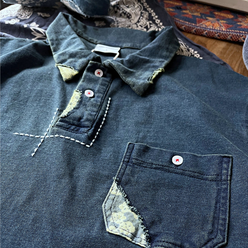 luckysartorius indigo dyed thorn embroidery patch craft Japanese loose version short-sleeved Polo shirt men's tide