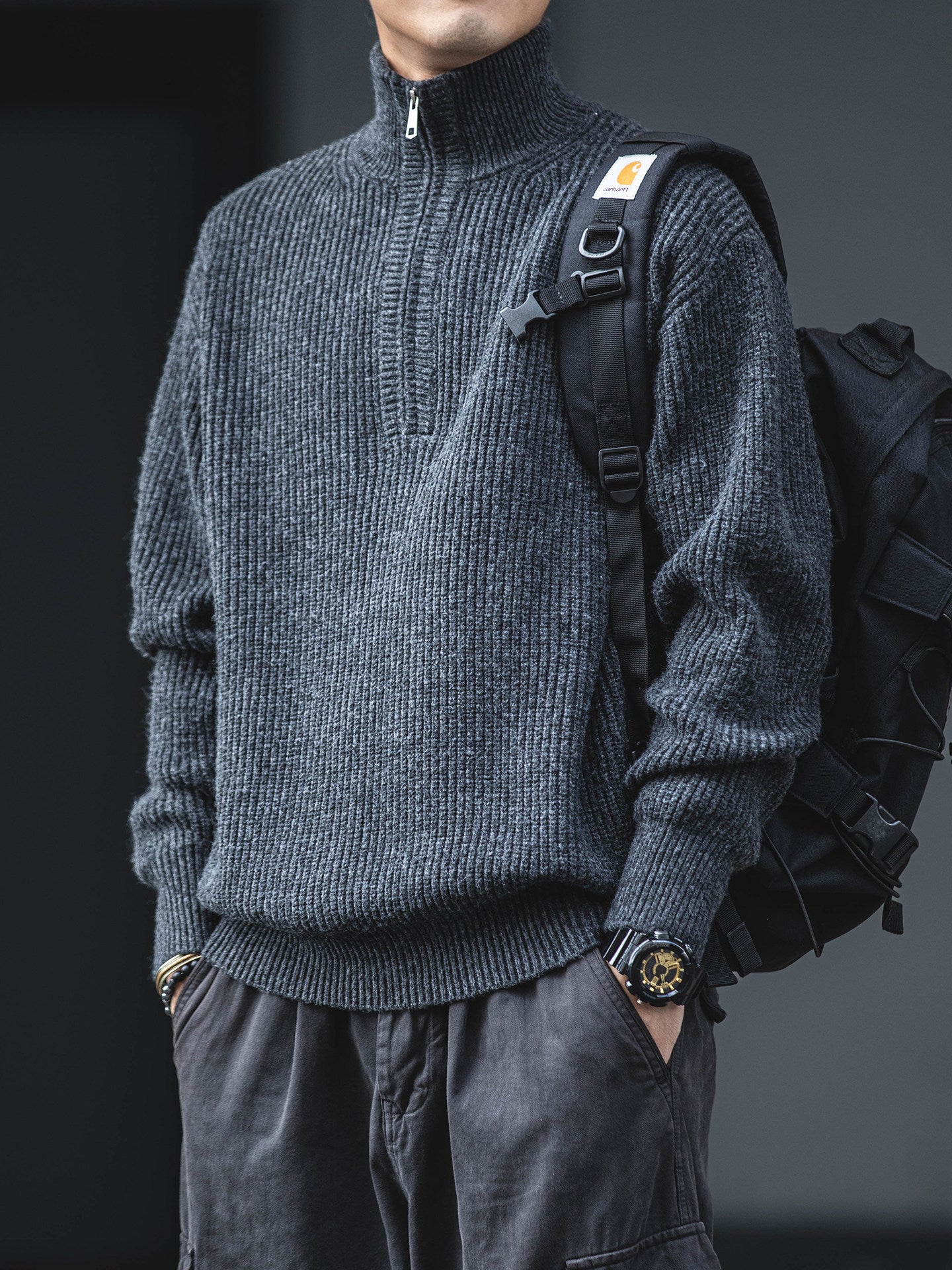 American Vintage Half-Zip Stand Collar Knit Pullover Sweater – Loose Unisex Autumn Winter – Japanese vintage | yamalin clothes | Yamalinclothes