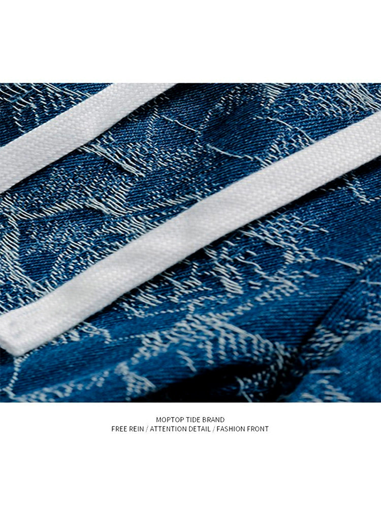 retro rose jacquard texture casual denim shorts men ins street hip-hop straight