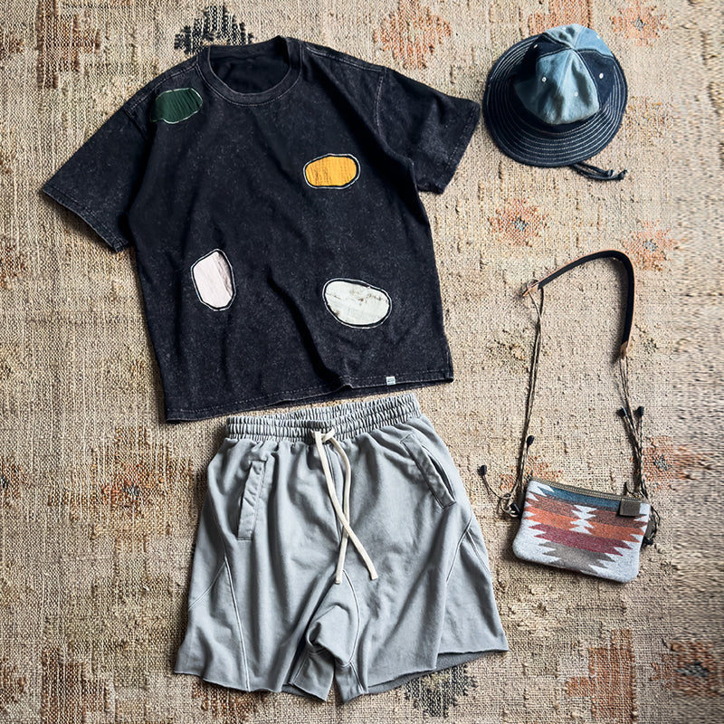 Heavy-weight washed round collar handmade multicolor patch embroidered retro short sleeve T-shirt