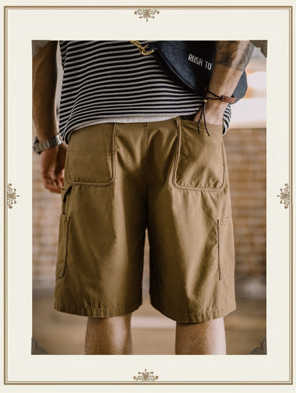Macho shorts, American retro lumberjack cotton, skin-friendly straight, loose multi-pocket cargo pants