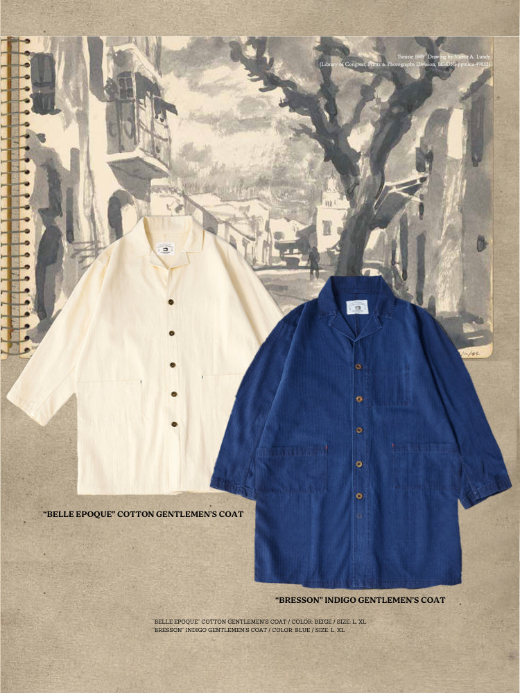 Japanese Retro Indigo Trench Coat - Herringbone Cotton Lightweight Long Coat for Spring/Fall