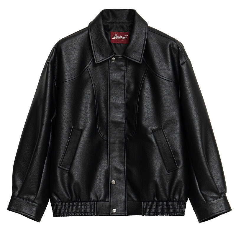 Lychee-Grain PU Leather Lapel Jacket – American Retro Oversized Unisex