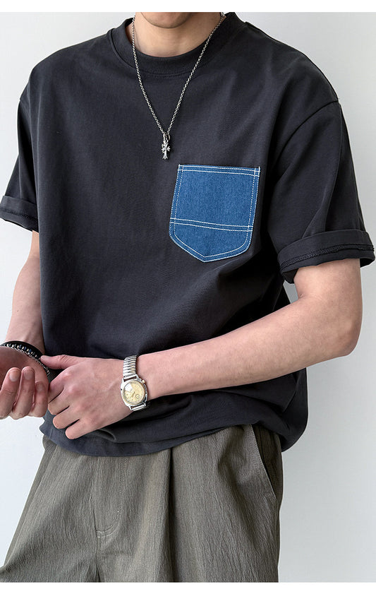 Cotton T-Shirt – Contrast Denim Chest Pocket | Yamalinclothes