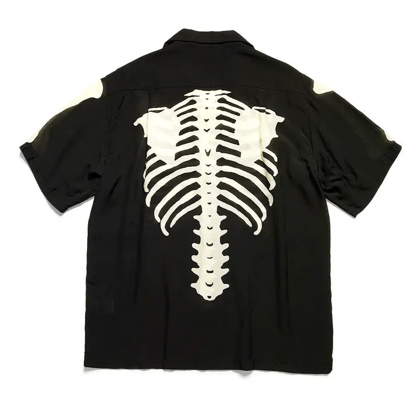 Japanese street casual bone print Cuban collar short sleeve shirt