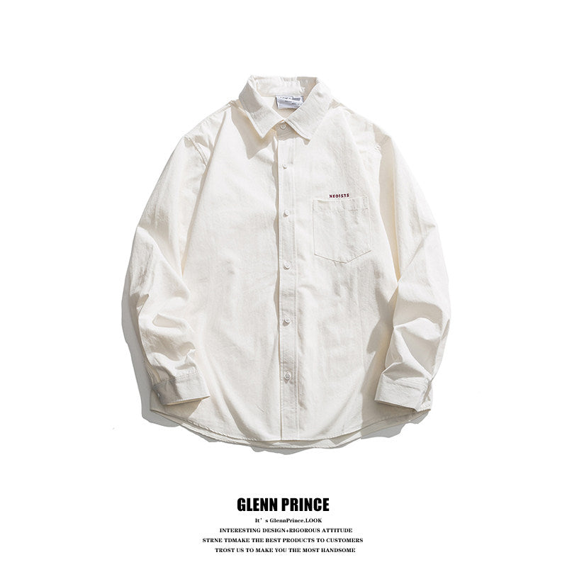 Japanese trend embroidery letter solid color lapel long sleeve shirt men's spring and autumn cleanfit shirt | Japanese vintage | yamalin clothes | Yamalinclothes