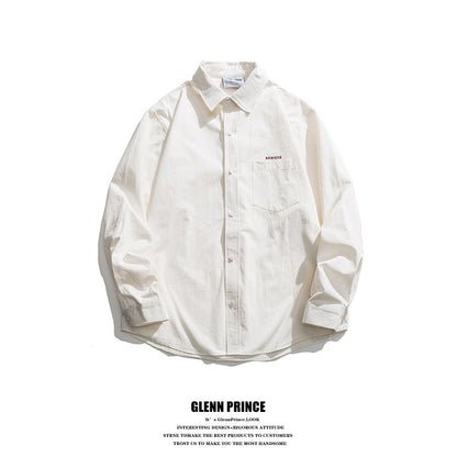 Japanese trend embroidery letter solid color lapel long sleeve shirt men's spring and autumn cleanfit shirt | Japanese vintage | yamalin clothes | Yamalinclothes