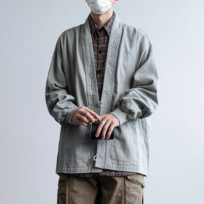 Solid Cotton V-Neck Robe Jacket – American Retro Oversized Unisex – Japanese vintage | fall outfits 2026 | fall winter outfits | classy winter outfits | lazy comfy outfits | japanese streetwear | vintage workwear | yamalin clothes | Yamalinclothes