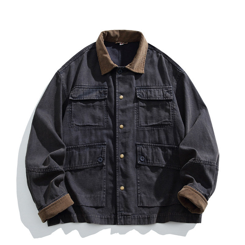Cotton Cargo Jacket – Corduroy Collar & Four Pockets | Yamalin clothes | Vintage workwear outfit for men