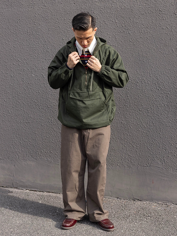 WATERPROOF HOODED PULLOVER JACKET RETRO MIDI SOLID COLOR WATERPROOF ARMY GREEN JAPANESE 2024 NEW