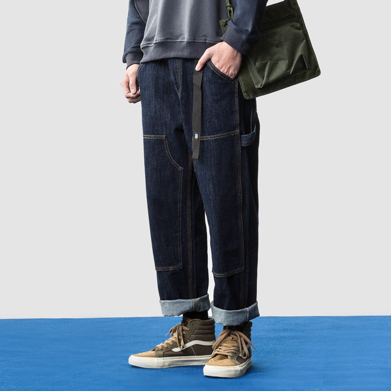Japanese work style knee patch loose straight pants, old man jeans