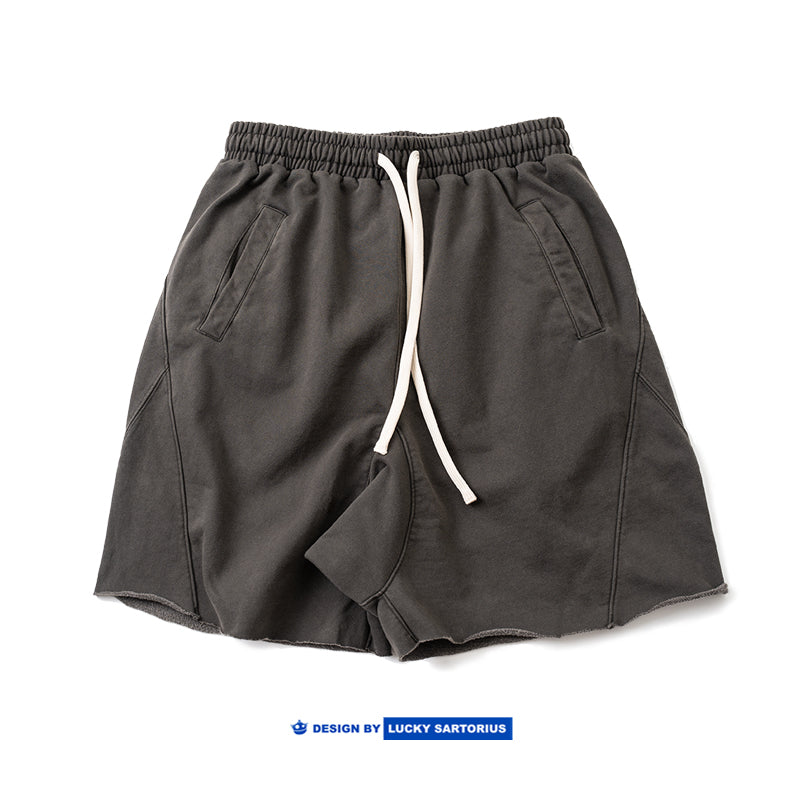 High gram heavy wash American vintage BF lazy style drawstring panelled athleisure loose shorts for men and women