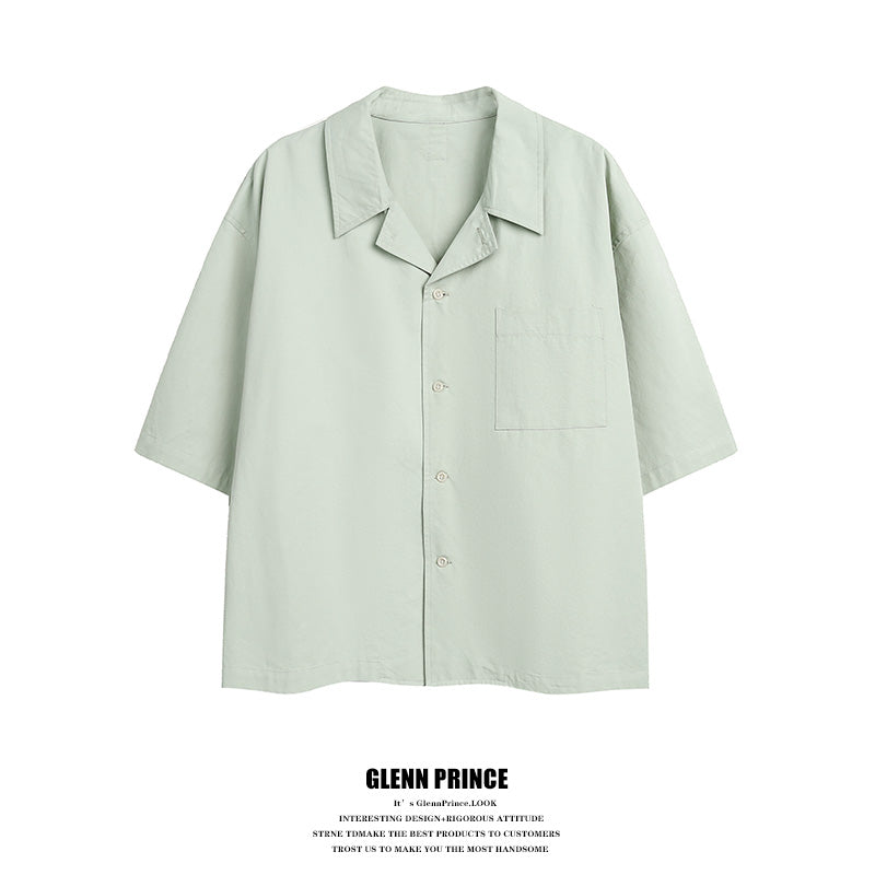 Korean version solid color Cuban collar short sleeve shirt men's summer cleanfit cropped non-iron ice silk shirt