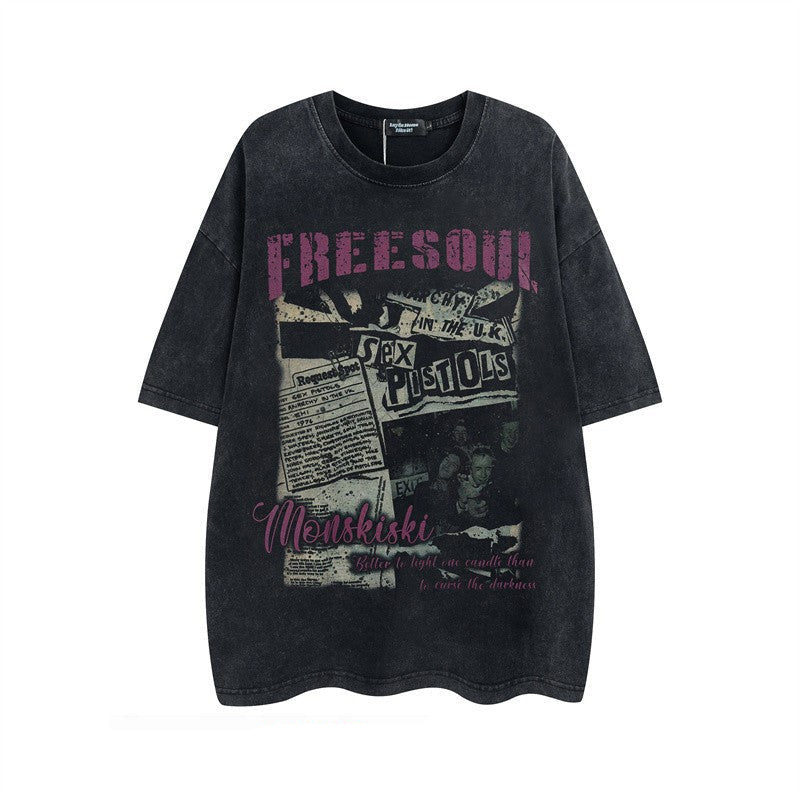Old Newspaper Band Print Short Sleeve T-Shirt – Loose Unisex High Street – Japanese vintage | yamalin clothes | Yamalinclothes