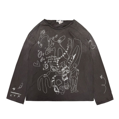 Vintage Distressed Graffiti Long Sleeve T-Shirt – Loose Unisex Streetwear – Japanese vintage | yamalin clothes | Yamalinclothes