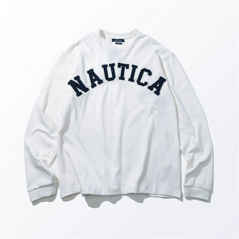 Long sleeve T-shirt men loose casual round collar letter embroidery city boy heavy T-shirt