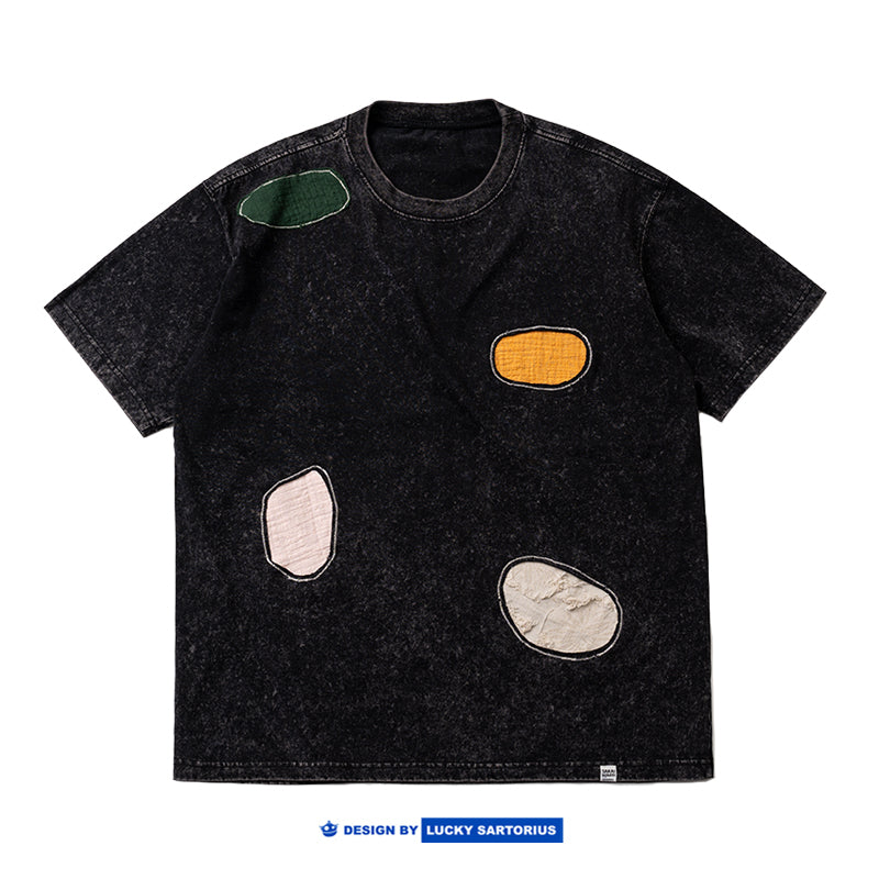 Heavy-weight washed round collar handmade multicolor patch embroidered retro short sleeve T-shirt