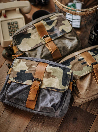Japanese Vintage Camouflage Canvas Crossbody Bag – Indigo Cowhide Leather Messenger Shoulder Bag
