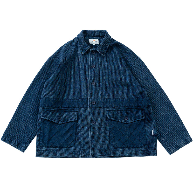 Kendo fabric texture indigo washed old multi-pocket tooling lapel jacket outer for men