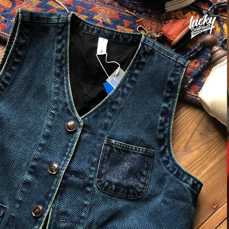 Japanese men's kendo cloth indigo dyed multi-pocket tooling wind vest jacket men