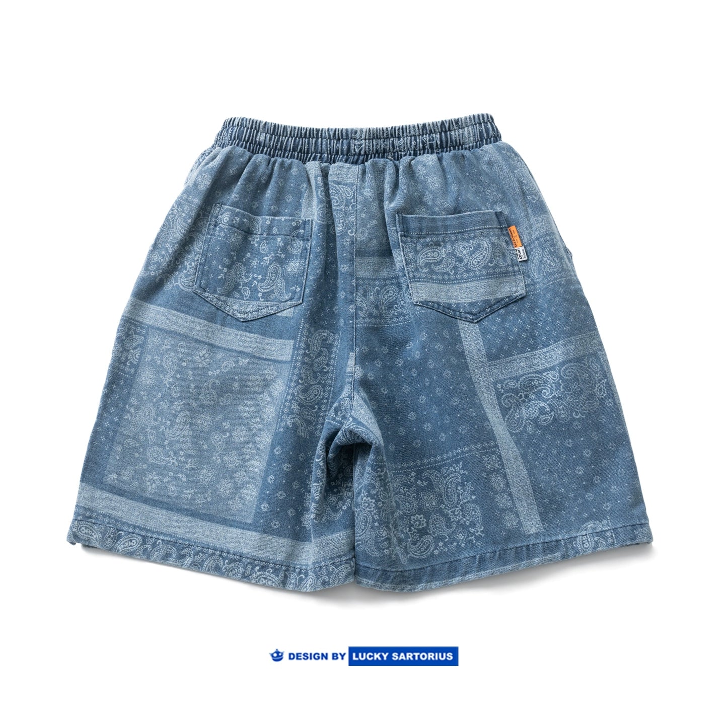 Washed distressed cashew flower pelis pattern print beach shorts casual elasticated waist denim cropped pants for men and women