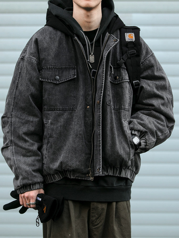 Washed Hooded Denim Patchwork Cotton Jacket – Drop Shoulder Loose Workwear Unisex – Coats Jackets | japanese streetwear | vintage workwear | unisex | Yamalinclothes