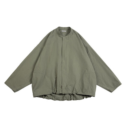 Washed Army Green Stand Collar Zip Jacket – Men's Loose Cargo Overshirt