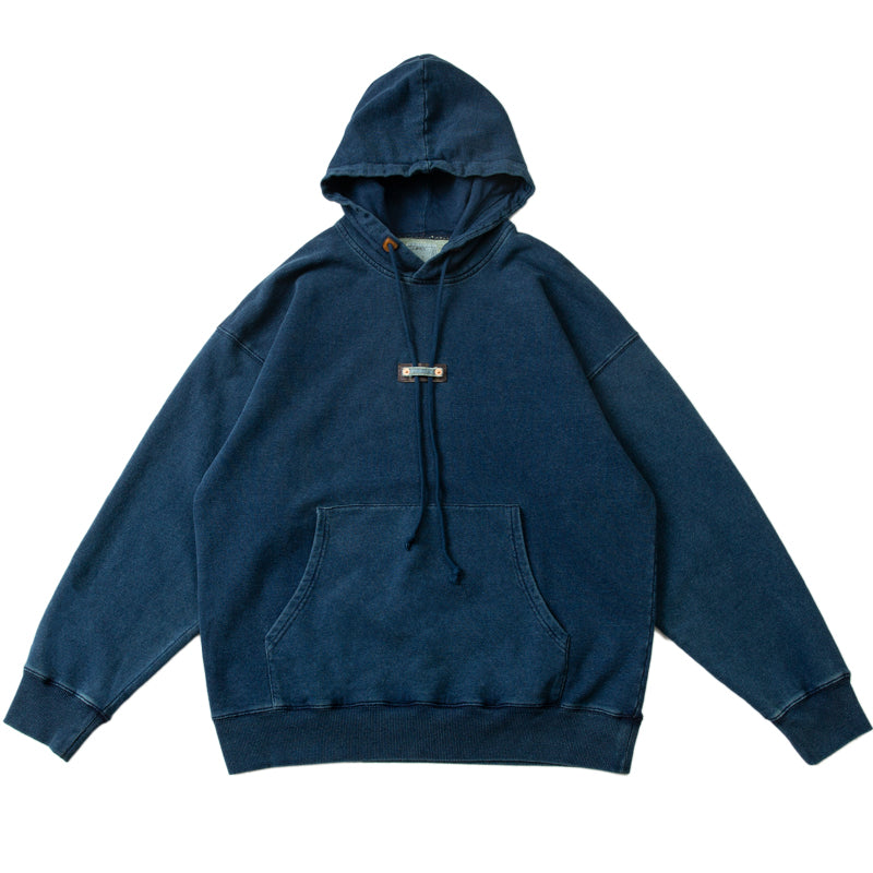 spring and summer new indigo dyed hooded sweater retro presbyopia patchwork men's jacket