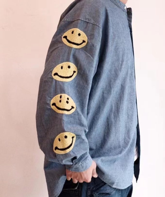 Vintage Hirata and Hiroshi Nippon Heavy Industries Smiley Embroidered Men's and Women's Loose Denim Shirts and Jackets