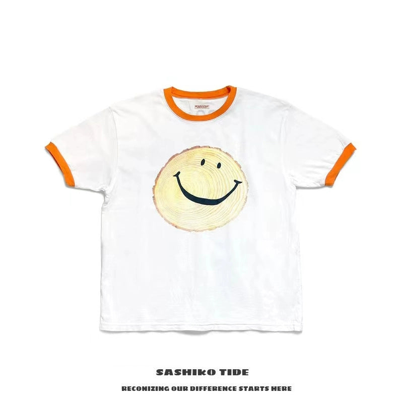 Japanese casual Tianzhu cotton stump smiley pattern round neck short-sleeved T-shirt