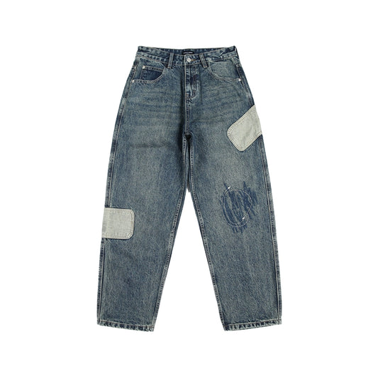 American heavyweight washed men's pants patch embroidery design jeans men's new loose casual pants straight-leg trousers