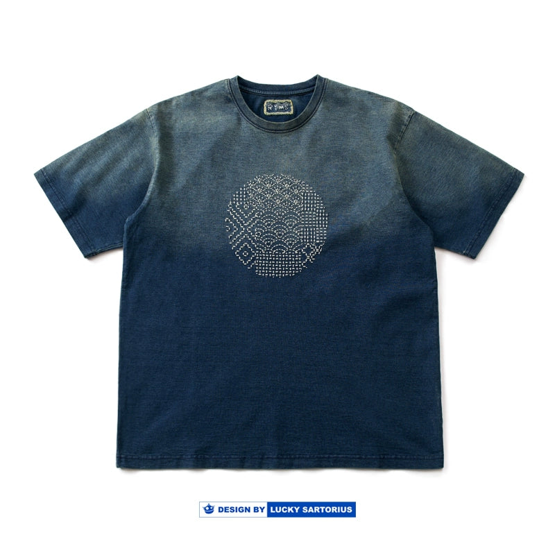 Gradient indigo dyed sashiko embroidery craft loose silhouette cotton youth men's round neck Japanese style short-sleeved T-shirt men's fashion
