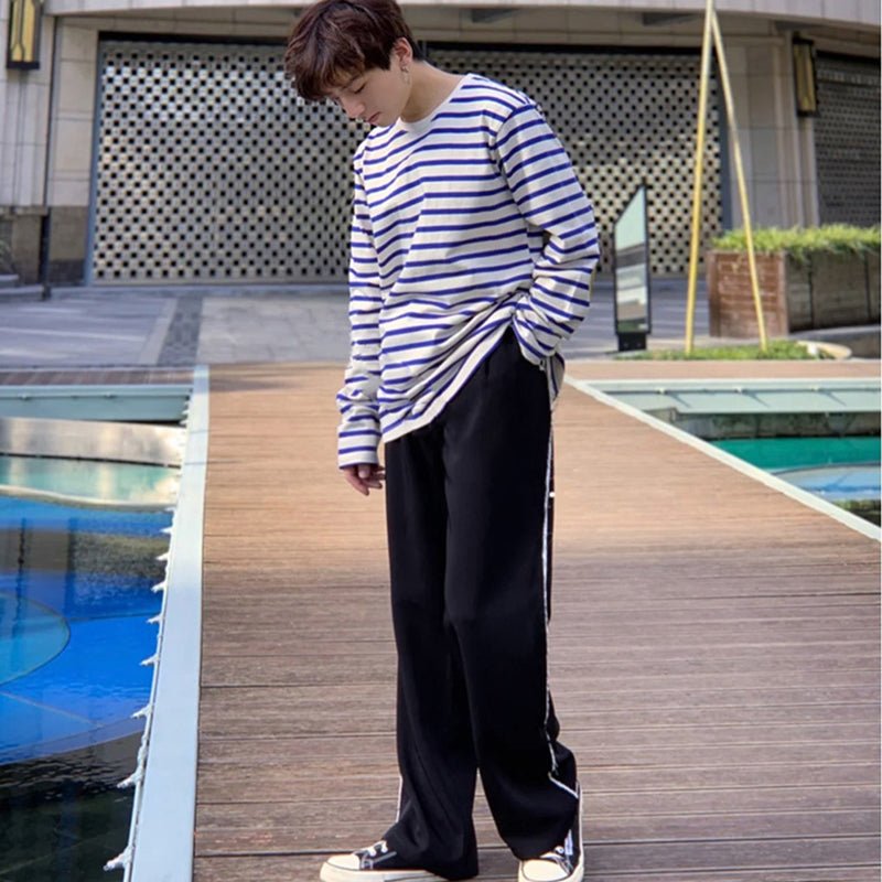 striped smiley print Japanese men and women couples casual cotton long-sleeved bottoming shirt