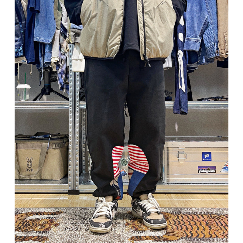 Japanese retro heavy high-gram weight cotton pants ethnic style water drop splicing elements men's elastic waist casual pants