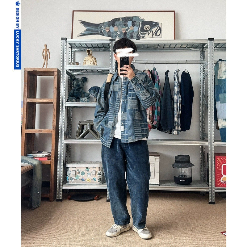 Japanese retro personality texture irregular plaid patchwork denim long-sleeved shirt men