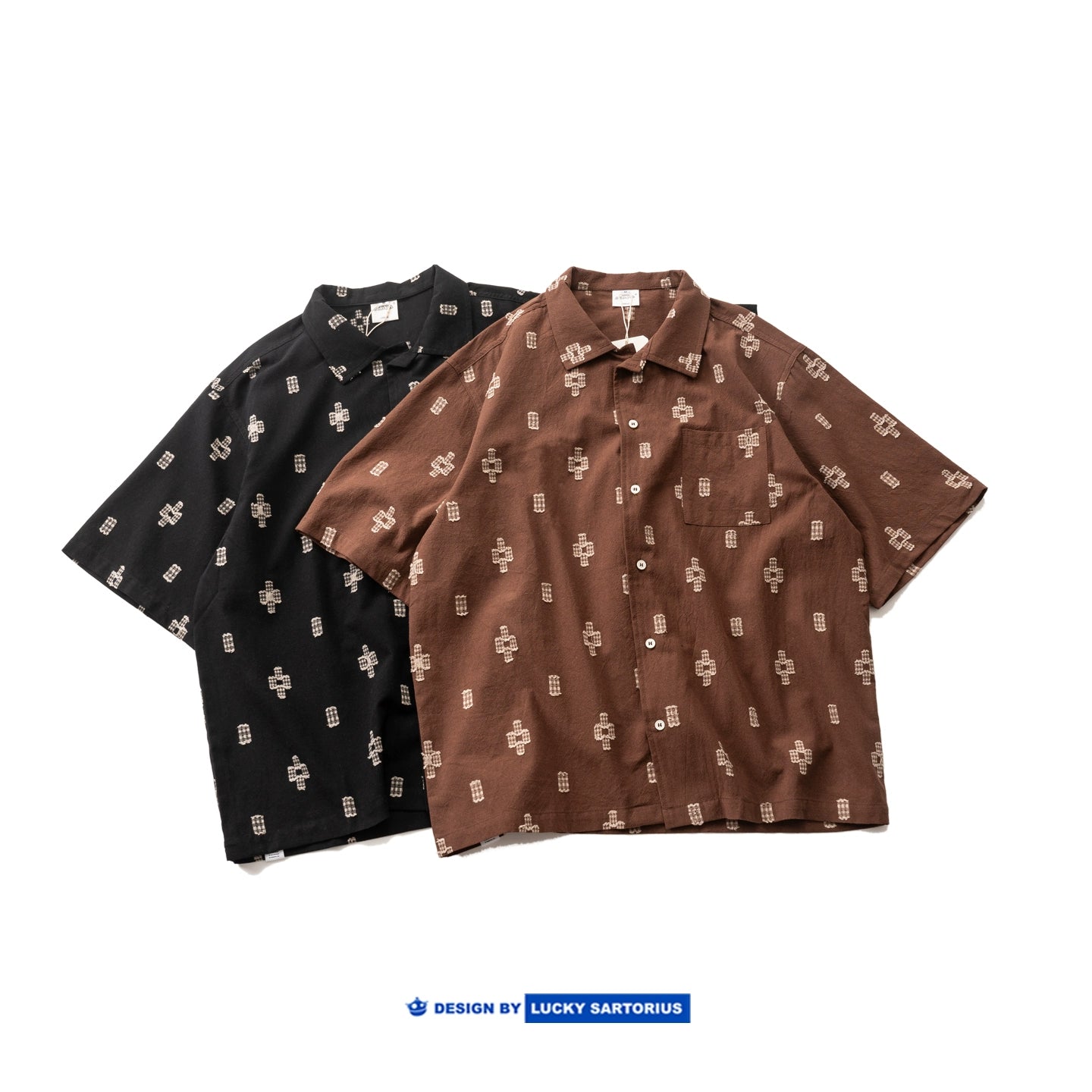 Japanese vintage geometric cut flower short sleeve shirt summer casual loose cuban collar short sleeve shirt jacket for men and women