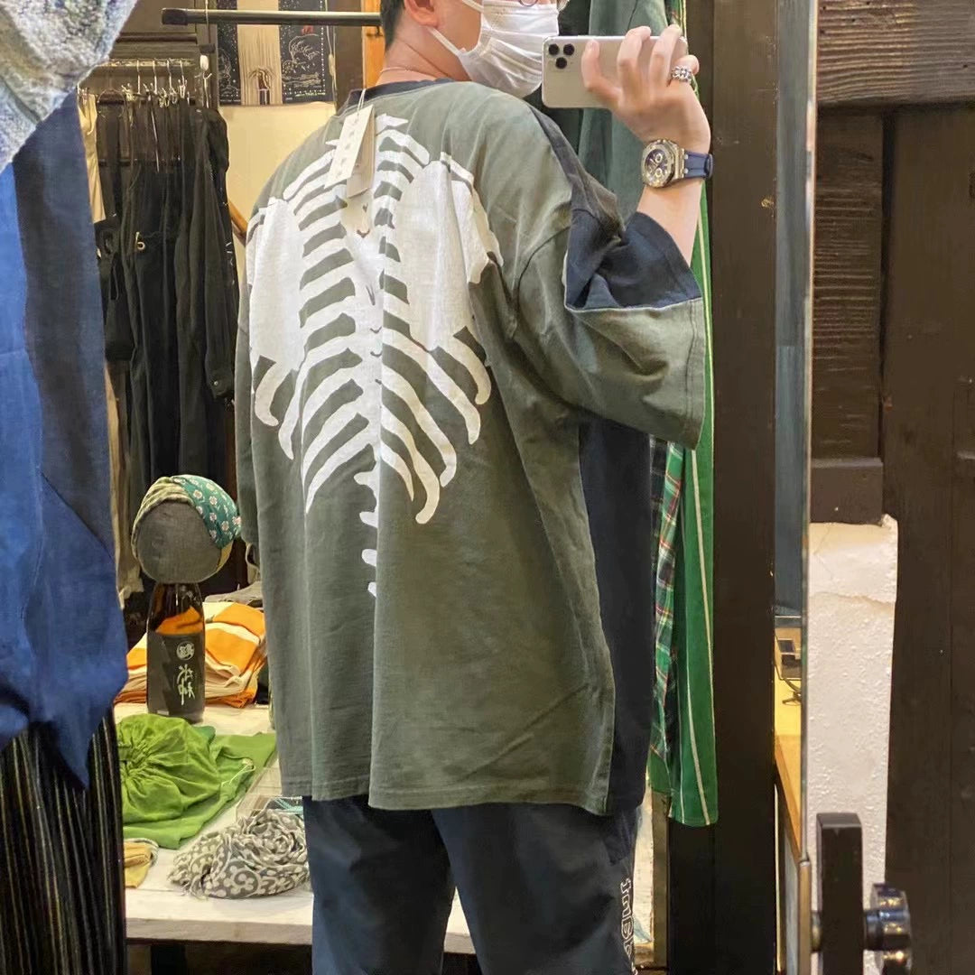 Japanese trend cotton loose stitching bone print short-sleeved T-shirt