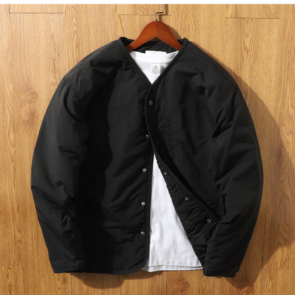 Collarless V-Neck Snap Padded Jacket – Japanese Retro Dark Grid Waterproof Unisex
