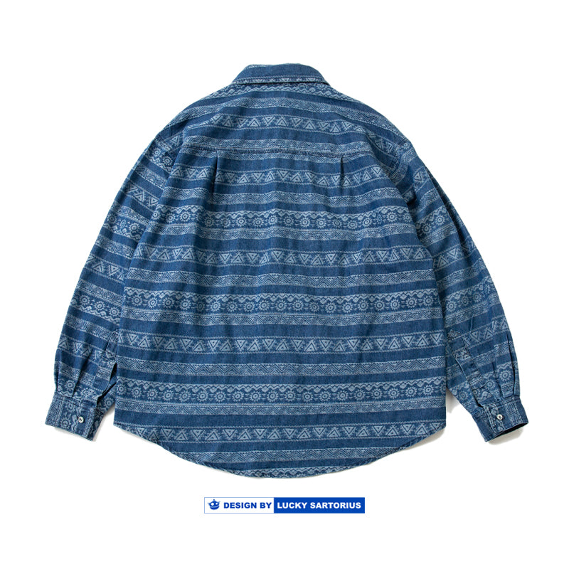 Spring and summer ethnic style youth retro men's loose shirt denim long-sleeved casual shirt top men's trend