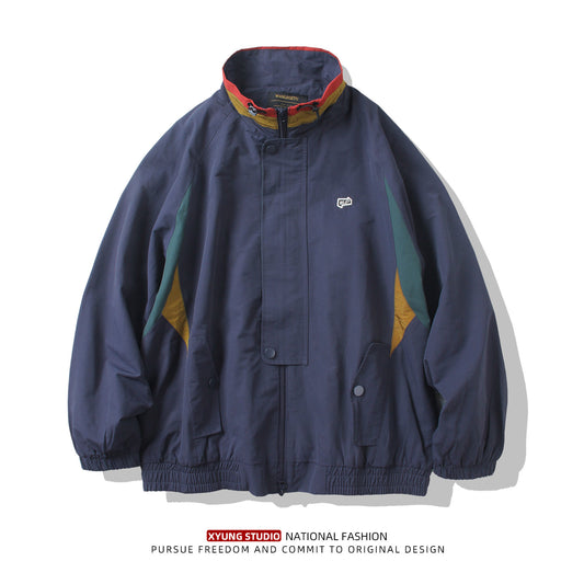 Spring and autumn new color-blocking stand-up collar jacket men's loose casual versatile cargo jacket trendy Japanese men's charging top