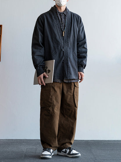 Solid Cotton V-Neck Robe Jacket – American Retro Oversized Unisex – Japanese vintage | fall outfits 2026 | fall winter outfits | classy winter outfits | lazy comfy outfits | japanese streetwear | vintage workwear | yamalin clothes | Yamalinclothes