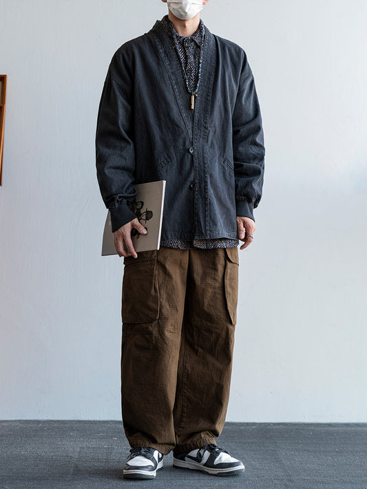 Solid Cotton V-Neck Robe Jacket – American Retro Oversized Unisex – Japanese vintage | fall outfits 2026 | fall winter outfits | classy winter outfits | lazy comfy outfits | japanese streetwear | vintage workwear | yamalin clothes | Yamalinclothes