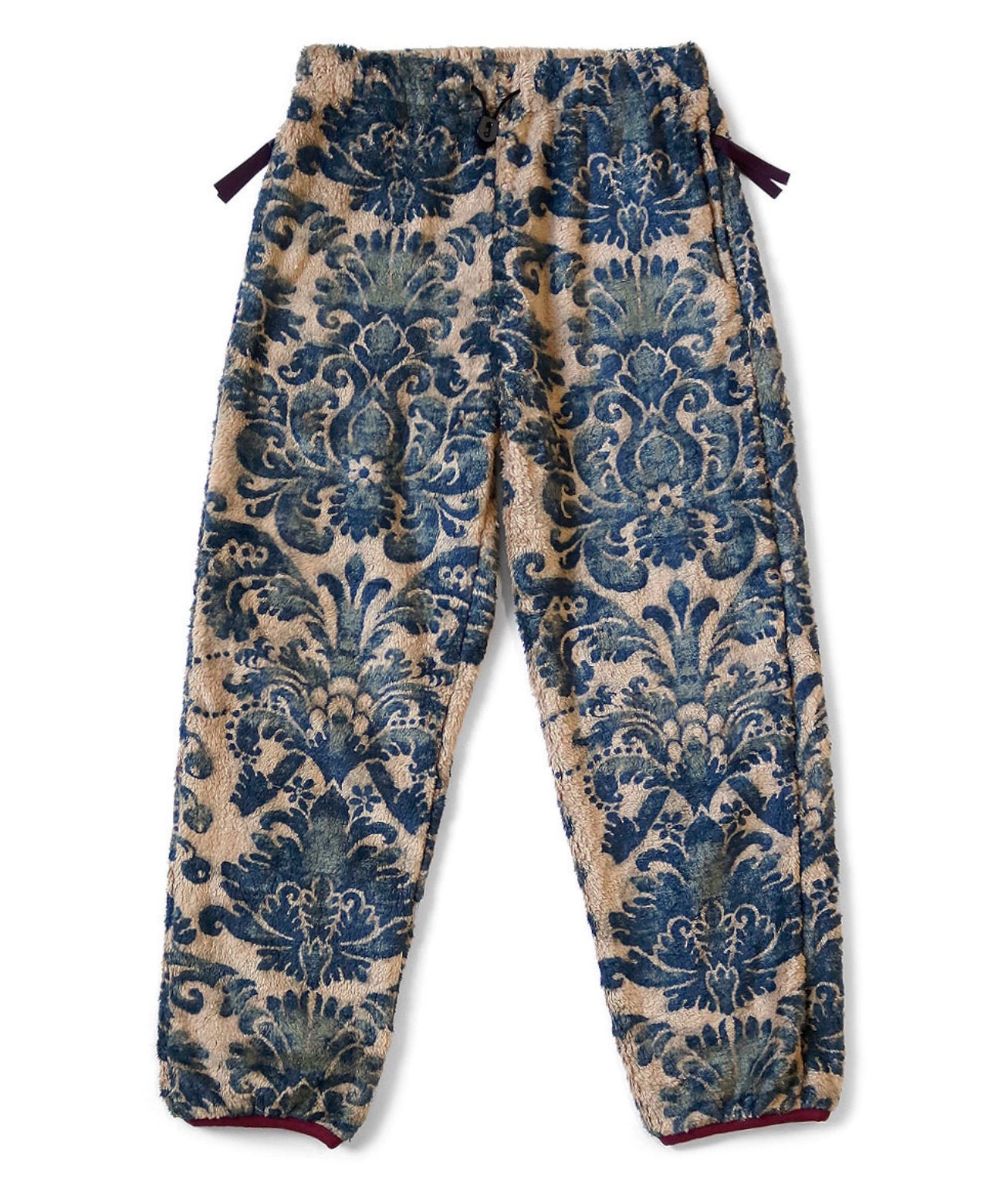 23AW Japanese ethnic style flowers blue dyed warm rocker fleece elastic trousers