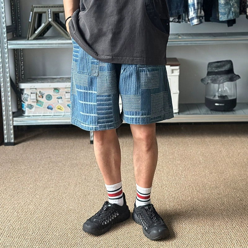 Summer menswear Japanese retro loose fit washed denim patchwork cargo shorts men's pants denim cropped pants men