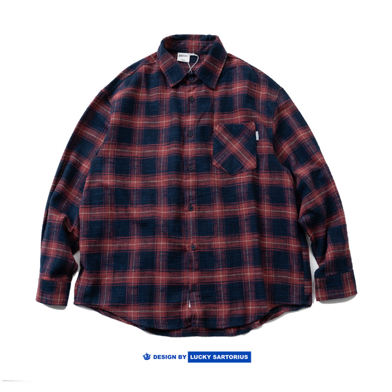 Japanese slub cotton thick long-sleeved plaid shirt