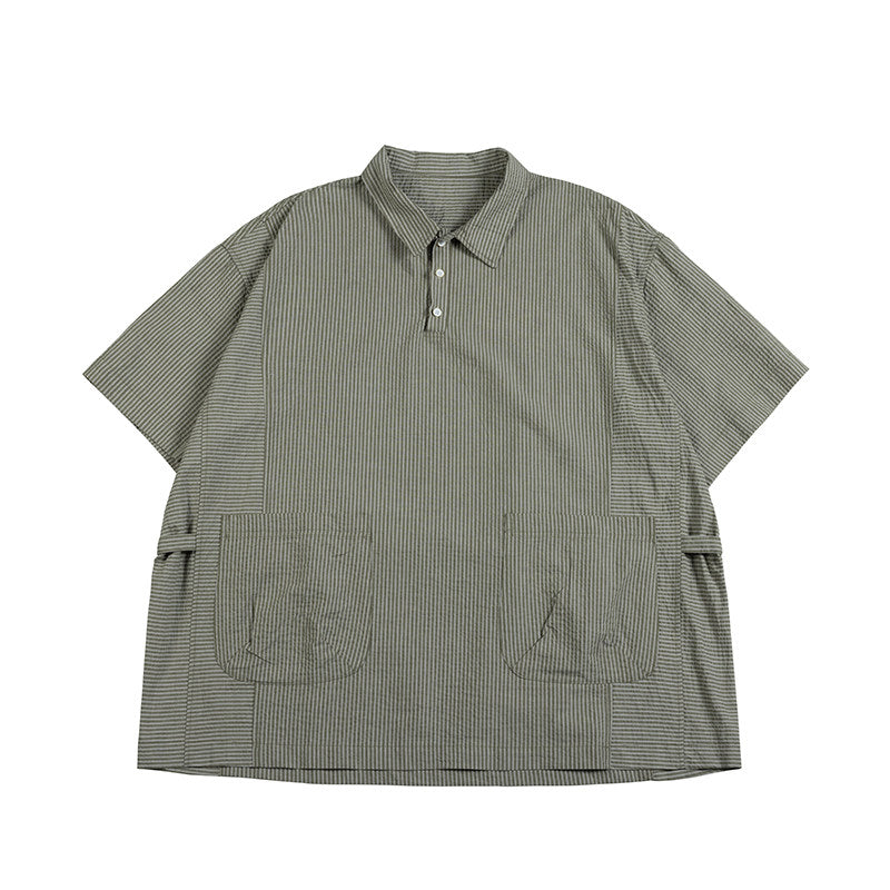 Retro Cityboy Stripe Stitching Half Placket Loose Short Sleeve Shirt - 100% Cotton Summer Top for Men | Japanese vintage | yamalin clothes | Yamalinclothes